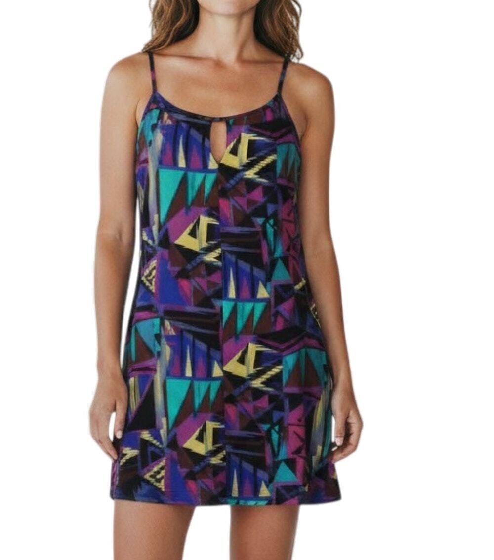 Sage Blue Geometric A-Line Dress Women’s Small Sleeveless USA Made Casual